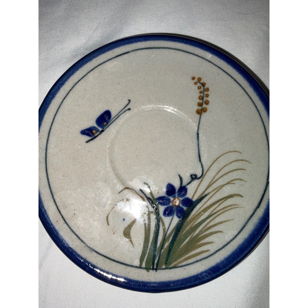 Ken Edwards Tonala Mexico Stoneware Saucers Set of 2 Blue Butterfly Floral Bird - Picture 3 of 5